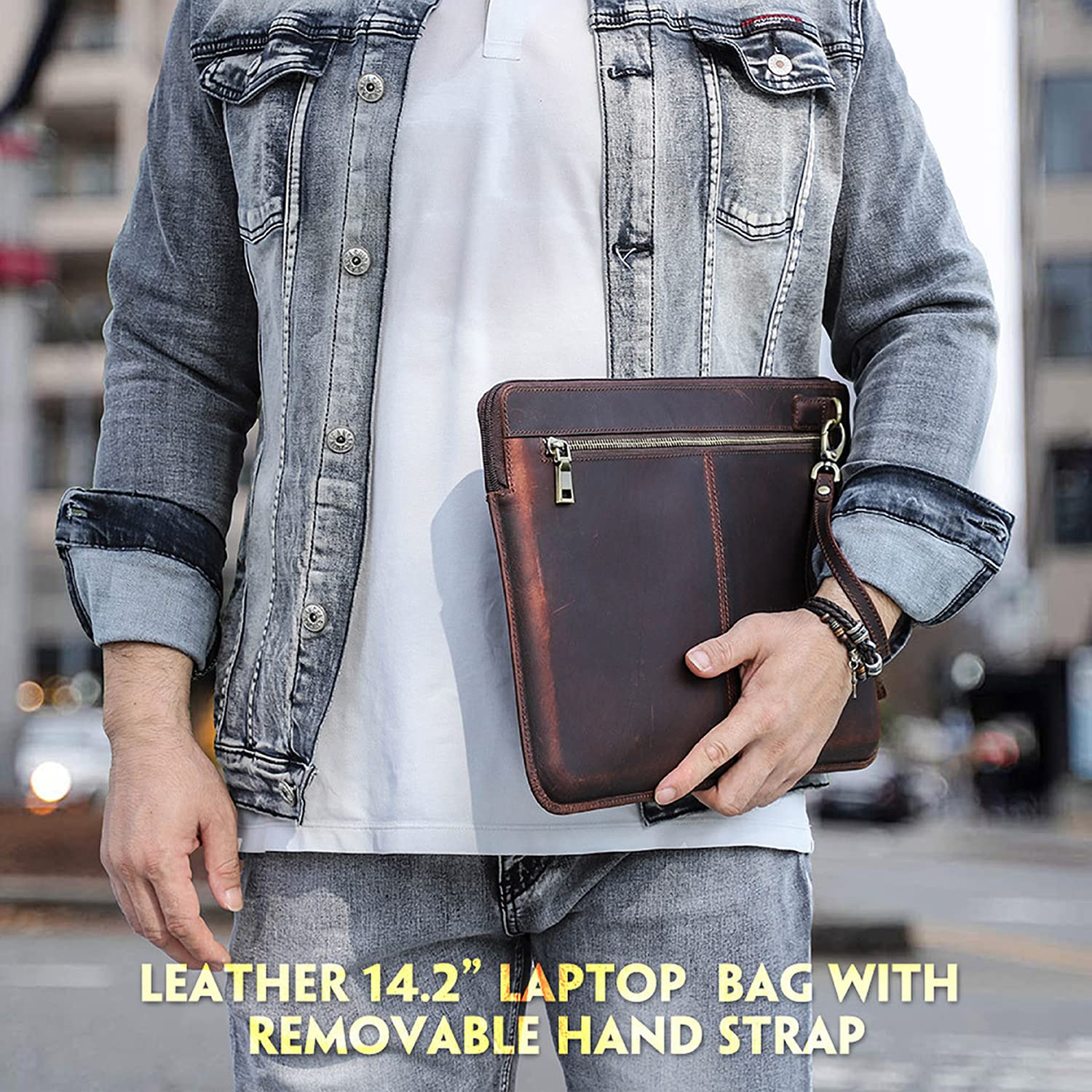 CataPurus Top Grain Leather 14.2" Laptop Case Bag, Zip Pockets Design, Compatible with MacBook Air 13" M2 A2681 M1 A2337 A2179 A1932/Pro 13" M2 M1 A2338 A2251 A2289 A2159 A1989 A1706, Coffee 14.2 Inch