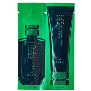 R+Co BLEU De Luxe Reparative Shampoo + Conditioner Tandem Packette | Hydrates + Strengthens + Adds Shine | Vegan, Sustainable + Cruelty-Free | 14ml