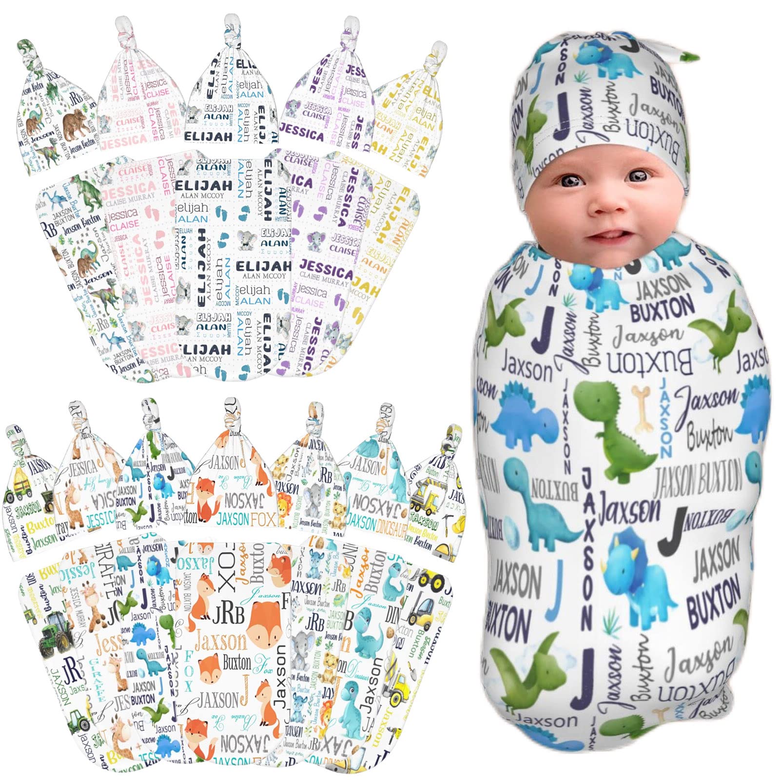 WTCWY Personalized Baby Swaddle and Hat for Baby Girl Boy with Name Custom Baby Blankets for Girls Boys Personalized Baby Items Girl Boy Gifts