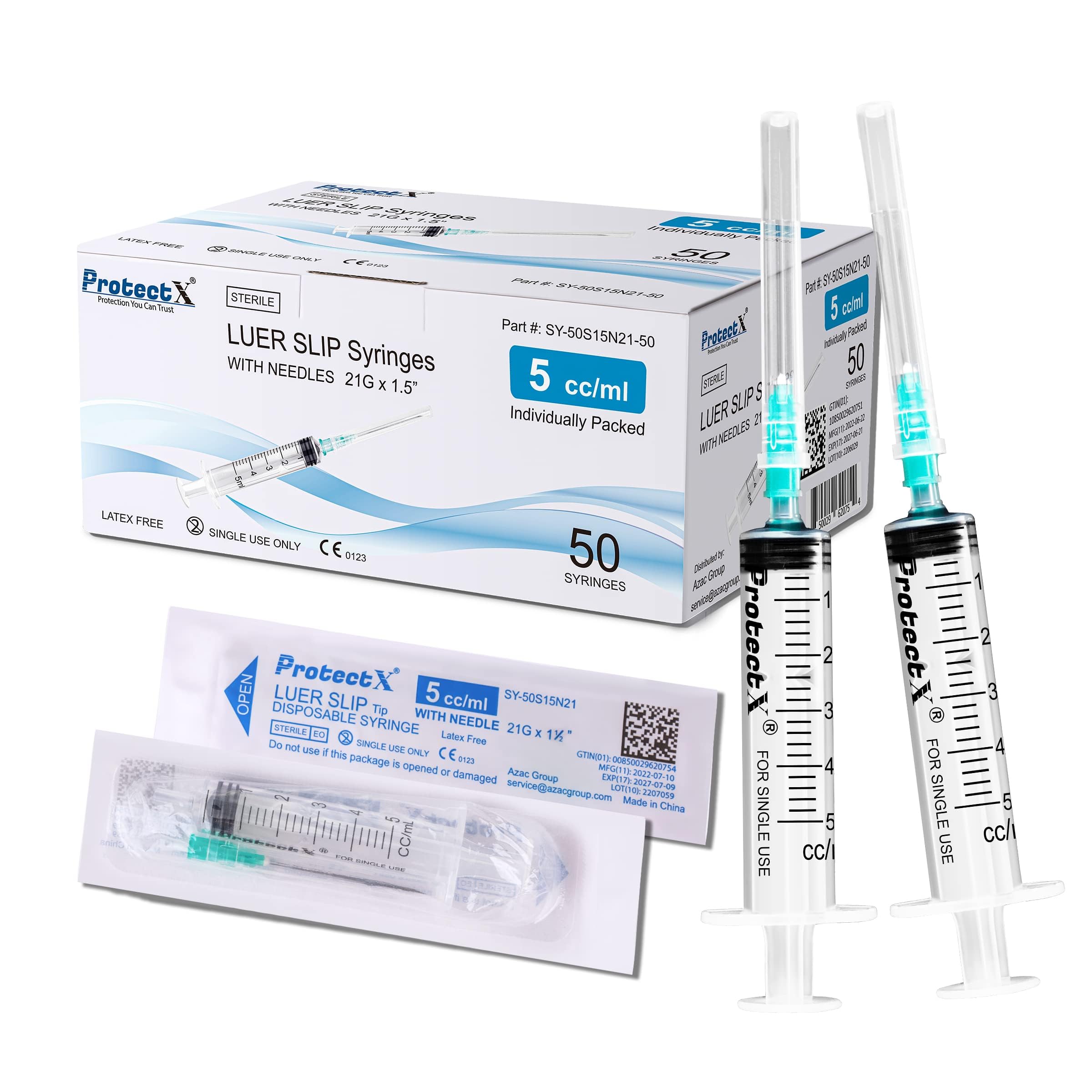 ProtectX 5ml Disposable Luer Slip Sterile Syringe with 21Ga 1.5” Needle, Individually Sealed, Smooth and Accurate Dispensing for Science Labs, 50-Pack