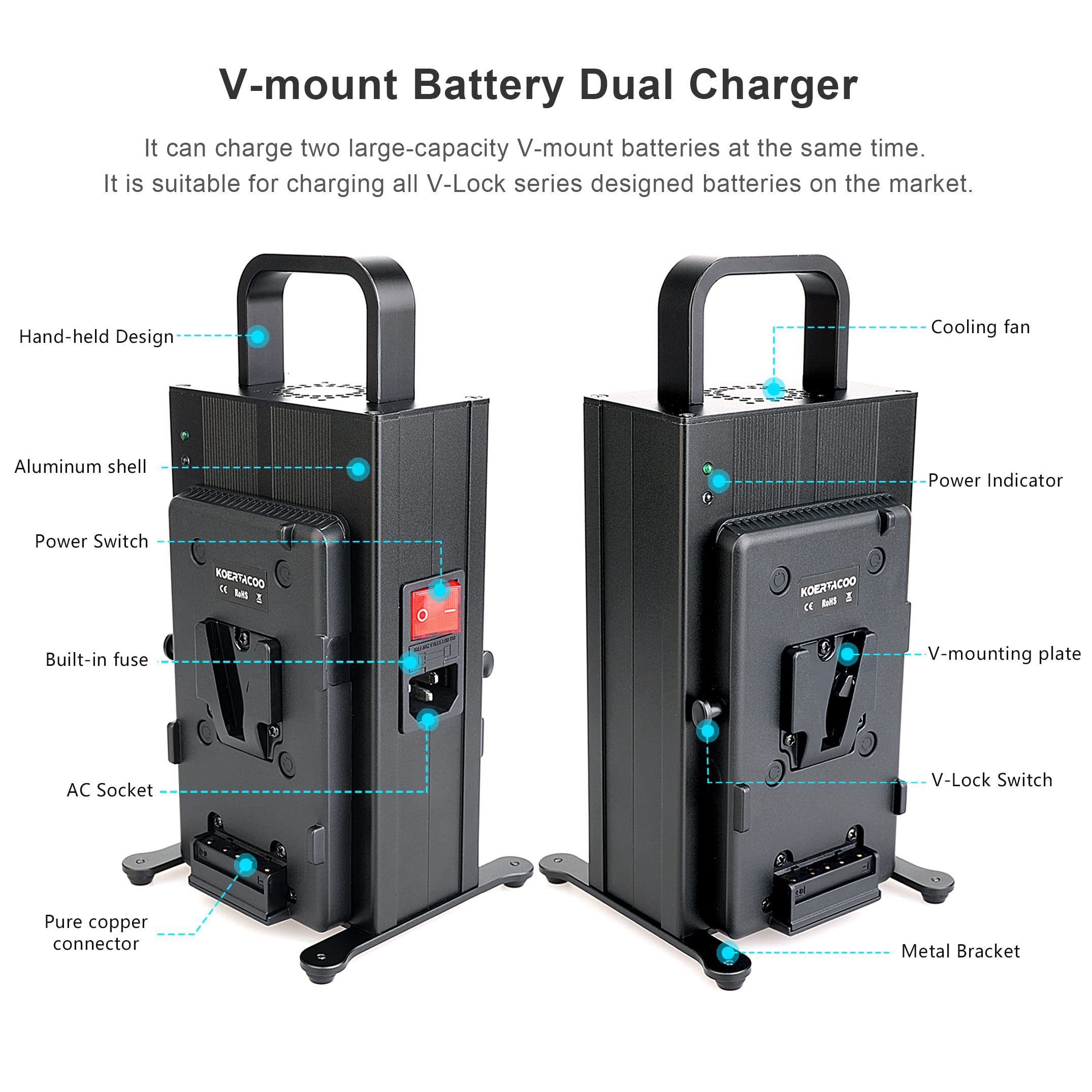 KOERTACOO 16.8V/3A Dual Channel V-Mount/V-Lock Battery Fast Charger, Compatible with All V-Mount Batteries and V-Mount Brick On The Market.