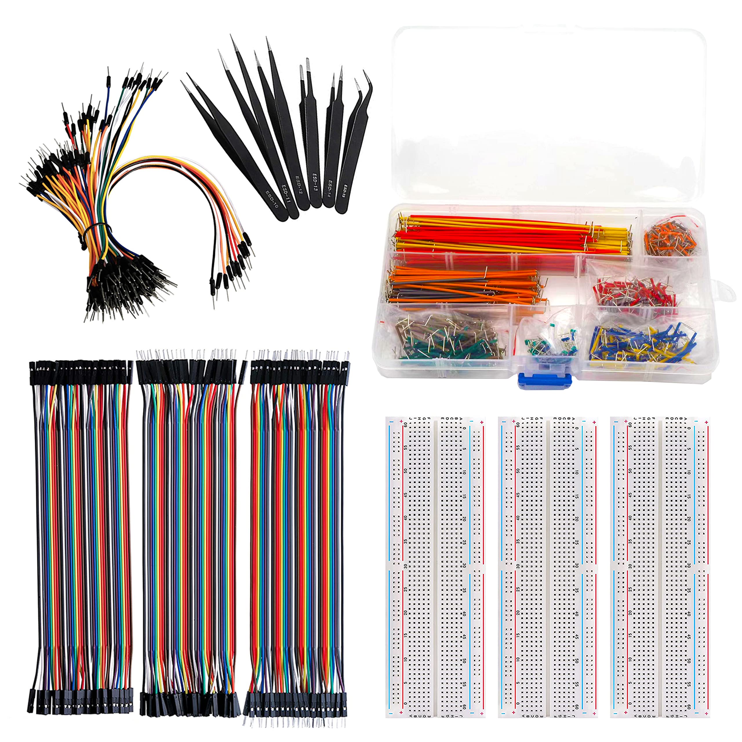 ELOOGAA 3Pcs 830 tie Points breadboards,120Pcs 20cm (7.9inch) Dupont Cables,65Pcs Flexible Breadboard Jumper Wires,560Pcs U-Shape Jumper Wires Arduino Project kit