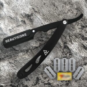 BEAUTICONE Straight Razor - Black Full Steel Barber Razor With Leaf Handle (5 double edge blades)