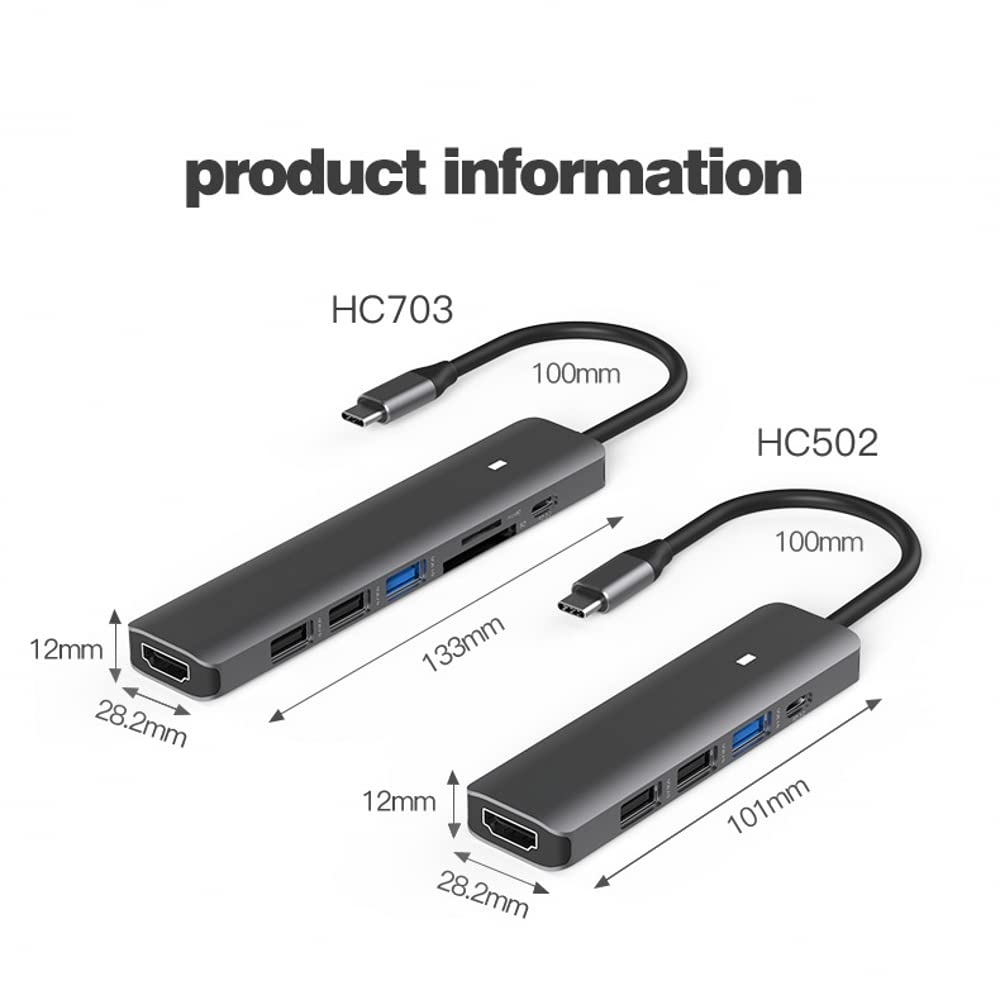 USB C Hub Multiport Adapter, USB 3.0 Aluminum Alloy Dongle USB-C Hub with 4K HD Output, USB 3.0/2.0 Ports,SD/TF Card Reader,100W PD Dock (for HC703)