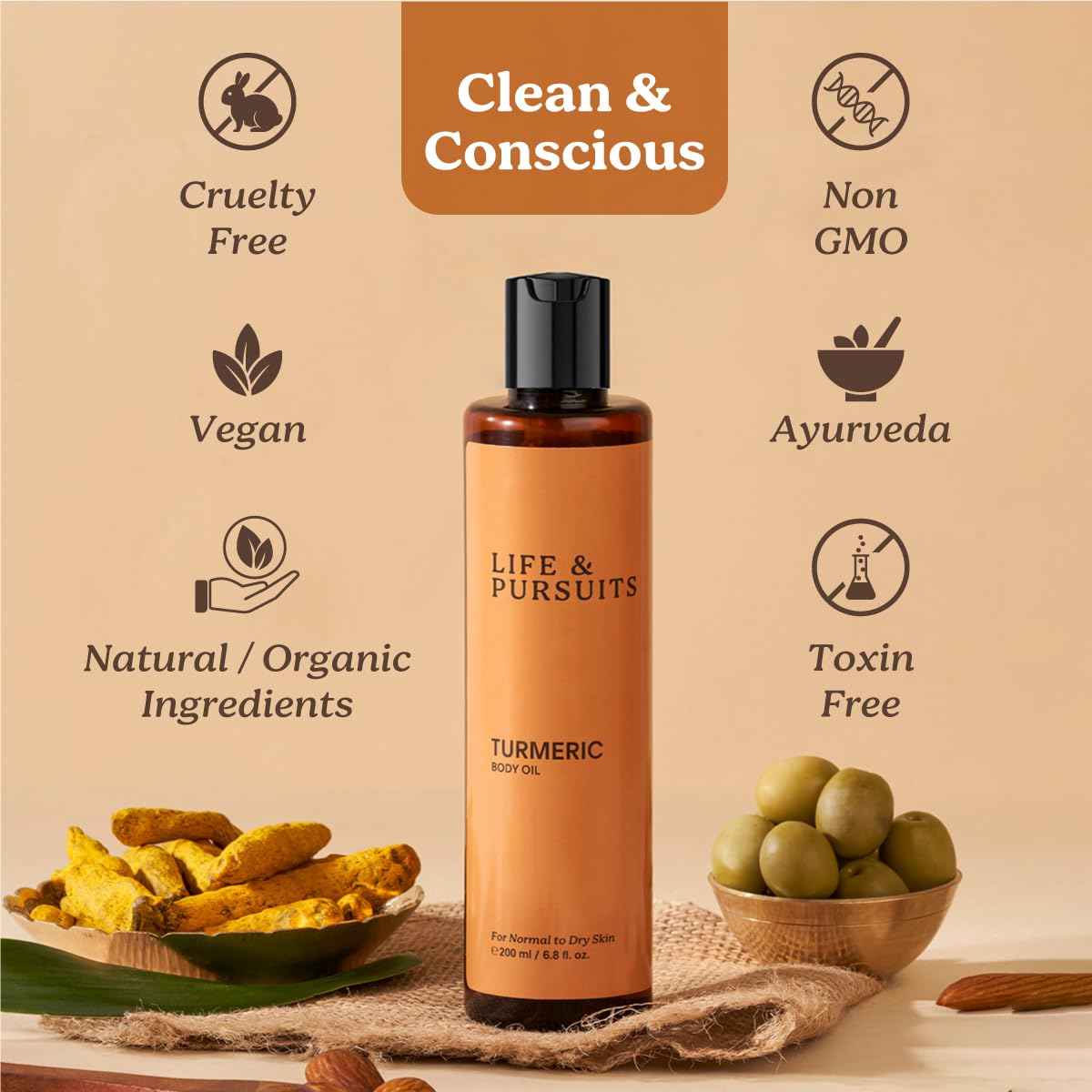 Life & Pursuits Turmeric Body Oil 6.8 Fl Oz - Ayurvedic Massage Oil with Vitamin E, Coconut Oil, Almond Oil & Squalane| Reduces Dark Spots, Brightens Skin, Hydrates & Moisturizes (6.8 Fl Oz)