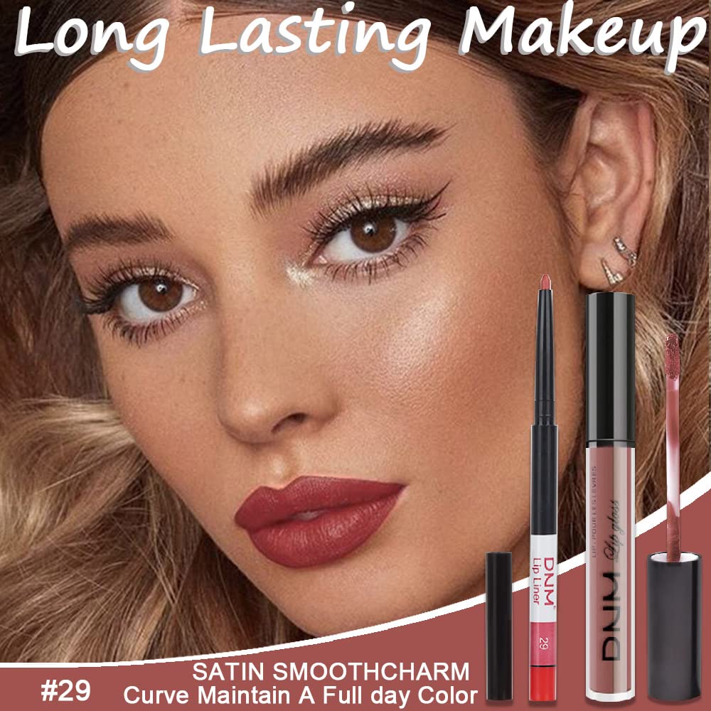 2pcs Matte Light Rosey Nude Lip Liner and Lipstick Makeup Set, Liquid Lipstick 24H and Lip Liner Set Matt Ink Liquid Lips Make Up Waterproof Long Lasting High Impact Color Seductress (#29)