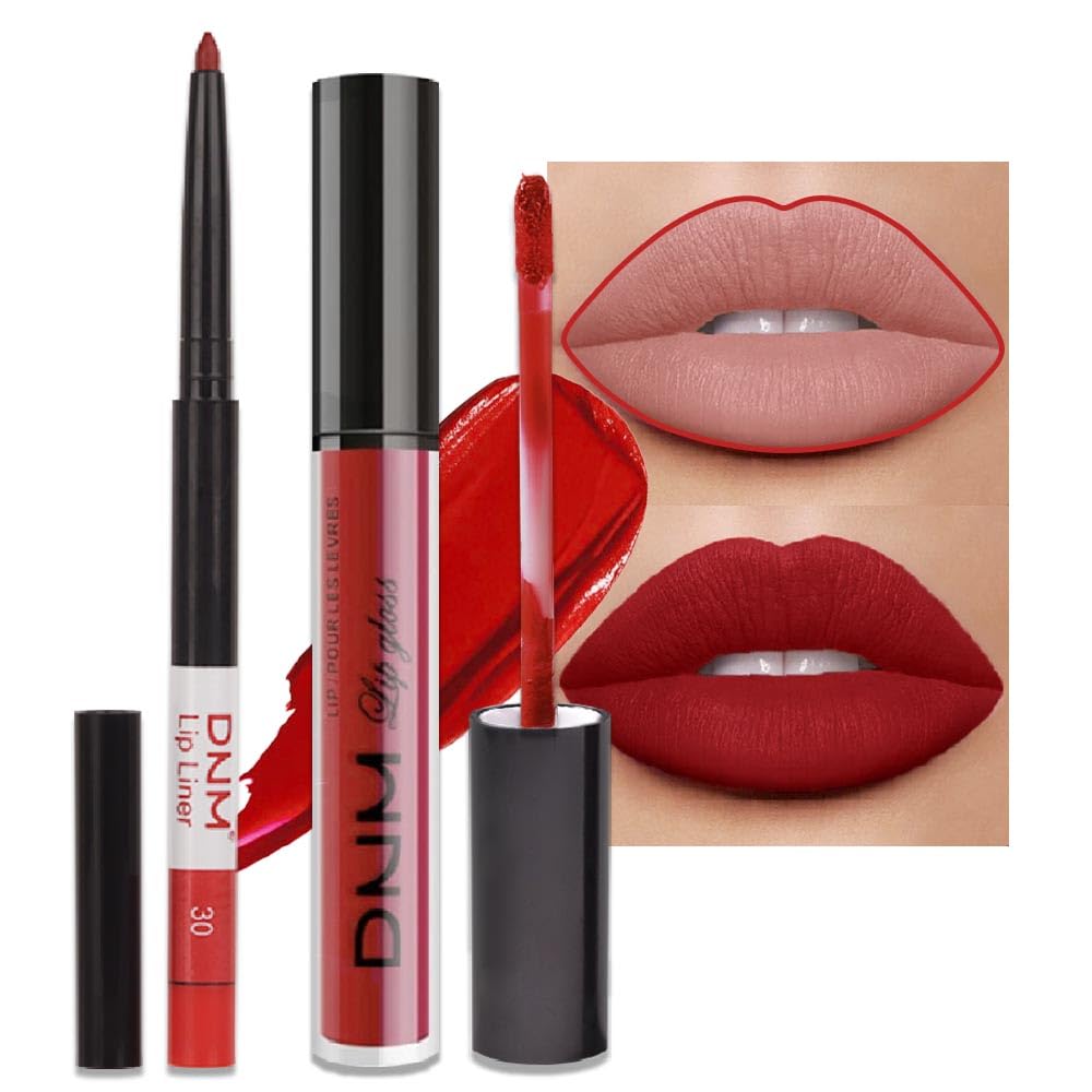 2pcs Matte Ruby Red Lip Liner and Lipstick Makeup Set, Berry Colored Lipstick 24H and Lip Liner Set Matt Ink Liquid Lips Make Up Waterproof Long Lasting High Impact Color Lip Gloss Set (#30)