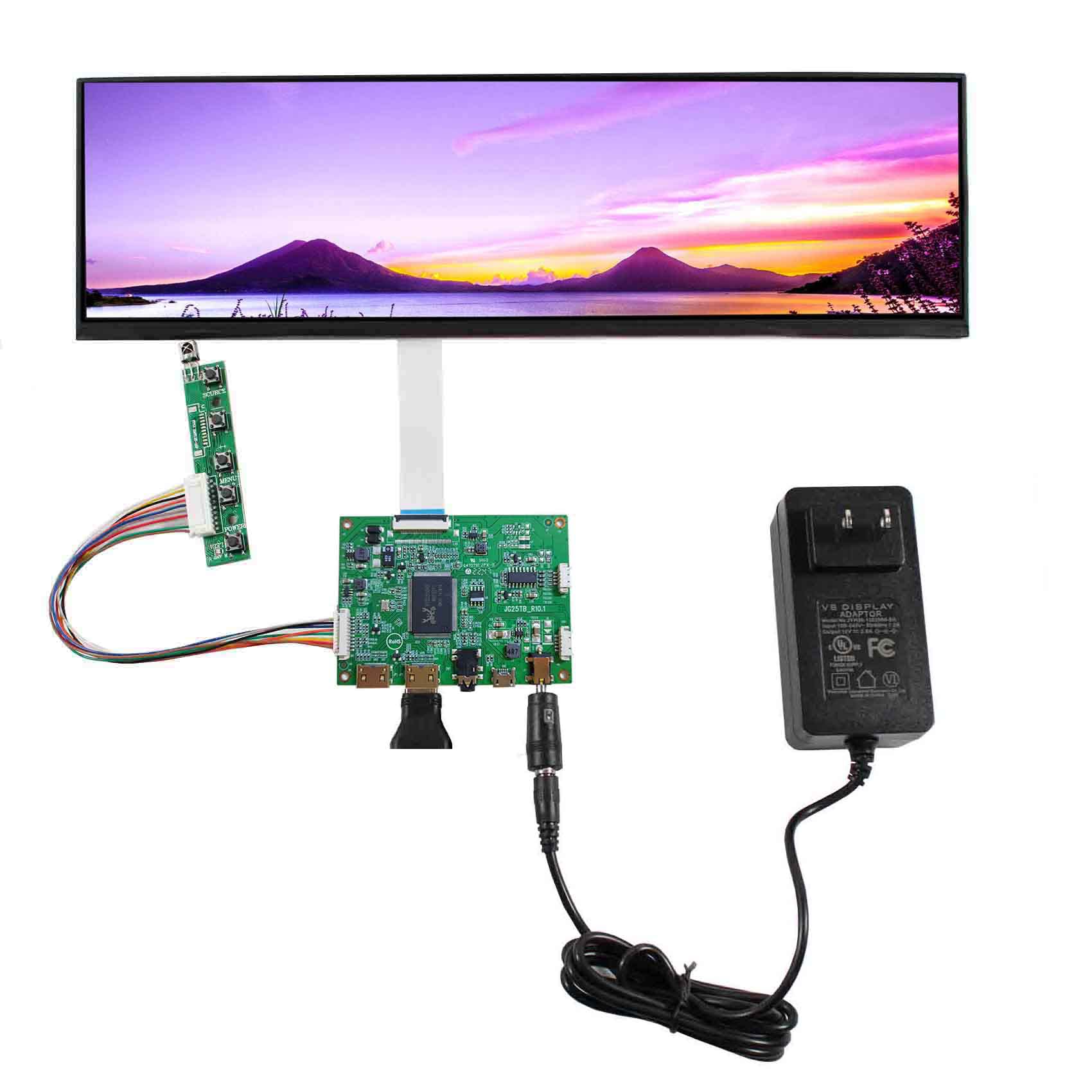 VSDISPLAY 12.6" NV126B5M-N41 12.6inch 1920X515 LCD Screen Work with 2 HD-MI Mini LCD Controller VS-RTD2556HM-V1 and 12V DC 2A Power Adapter Supply US Plug with 5.5x2.1mm/3.5x1.35 mm Port