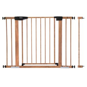 Babelio Metal Baby Gate with Wood Pattern, 26-43" Easy Install Pressure Mounted Dog Gate, No Drilling, No Tools Required, Ideal for Stairs and Doorways, with Wall Protectors and Extenders