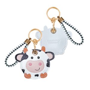 catch on 2 pack leather airtag keychain case holder, cute kawaii accessories suitable for airtag (white cow)