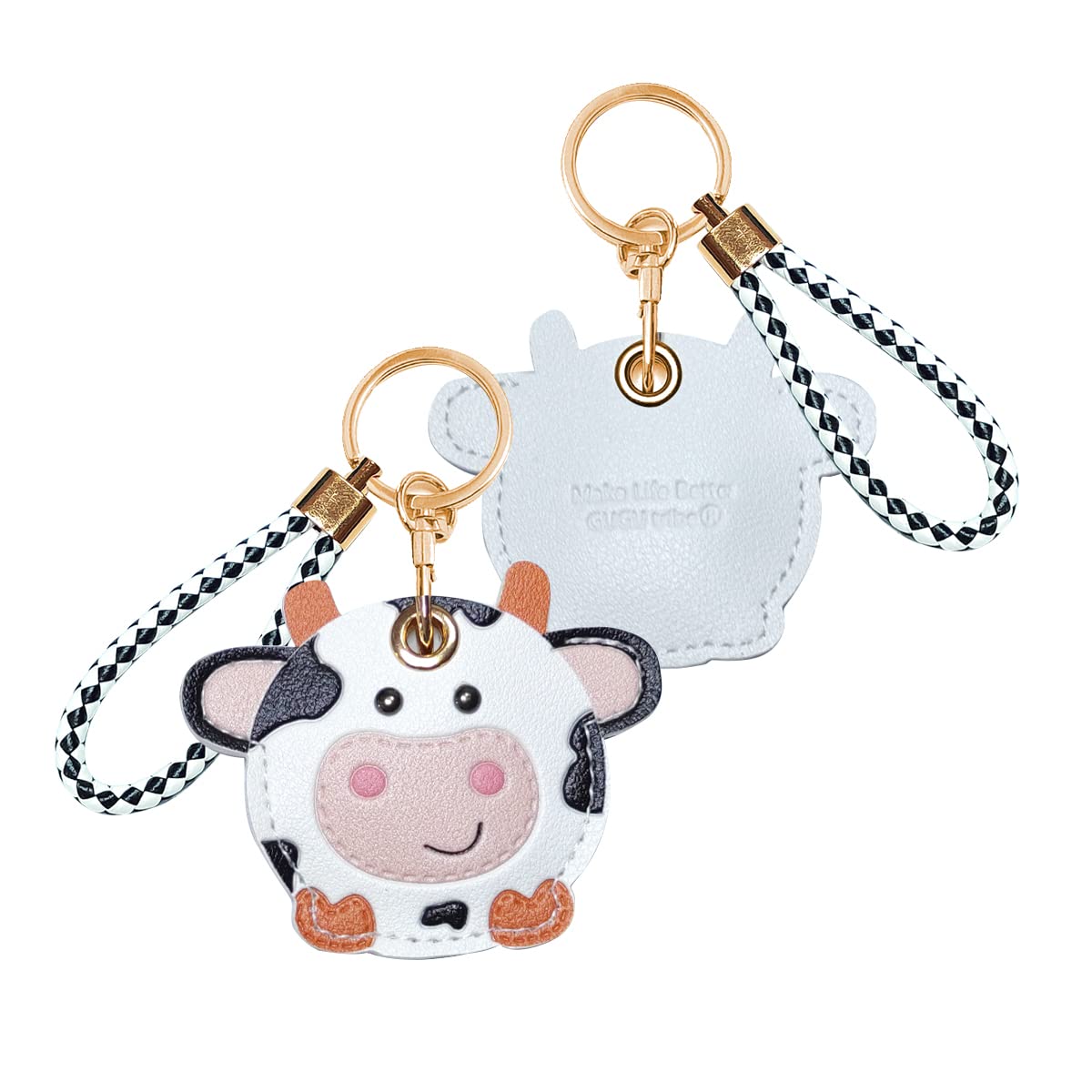 CATCH ON 2 Pack Leather Airtag Keychain Case Holder, Cute Kawaii Accessories Suitable for Airtag (White Cow)