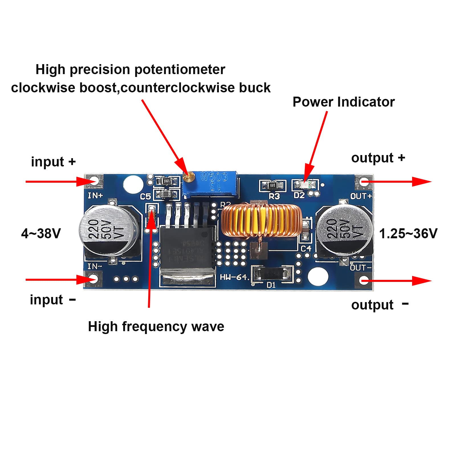 Diitao 5PCS DC-DC 5A 4-38V Input to 1.25-36V Output Adjustable Step-Down Regulator Module 12V/24V/36V to 3.3V/5V/12V/24V 75W Large Power Voltage Regulator Buck Converter