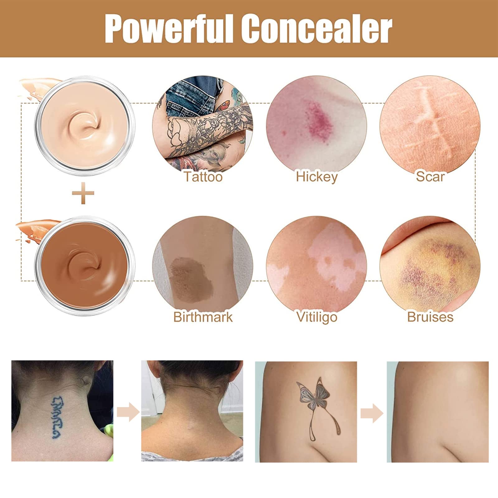 Tattoo Cover Up Makeup Waterproof, Professional Tattoo Concealer Use on Body, For Legs, Dark Spots, Scars, Vitiligo, 2 Colors/Set