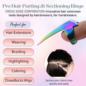 Cross Edge Pro Hair Parting & Sectioning Rings - Stainless Steel Finger Braiding Pick Tools Installation of Remy Human Extensions Styling (Multi Rainbow Titanium Color)