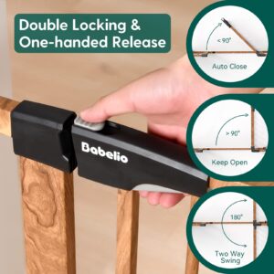 Babelio Metal Baby Gate with Wood Pattern, 26-43" Easy Install Pressure Mounted Dog Gate, No Drilling, No Tools Required, Ideal for Stairs and Doorways, with Wall Protectors and Extenders