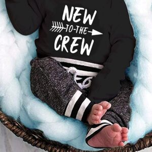 Kulcerry Infant Baby Boy Clothes New to The Crew Letter Print Long Sleeve Romper + Pants + Hat 3PCS Outfits Set（Black, 0-3 Months