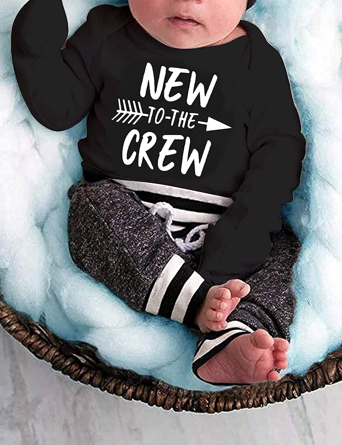 Kulcerry Infant Baby Boy Clothes New to The Crew Letter Print Long Sleeve Romper + Pants + Hat 3PCS Outfits Set（Black, 0-3 Months