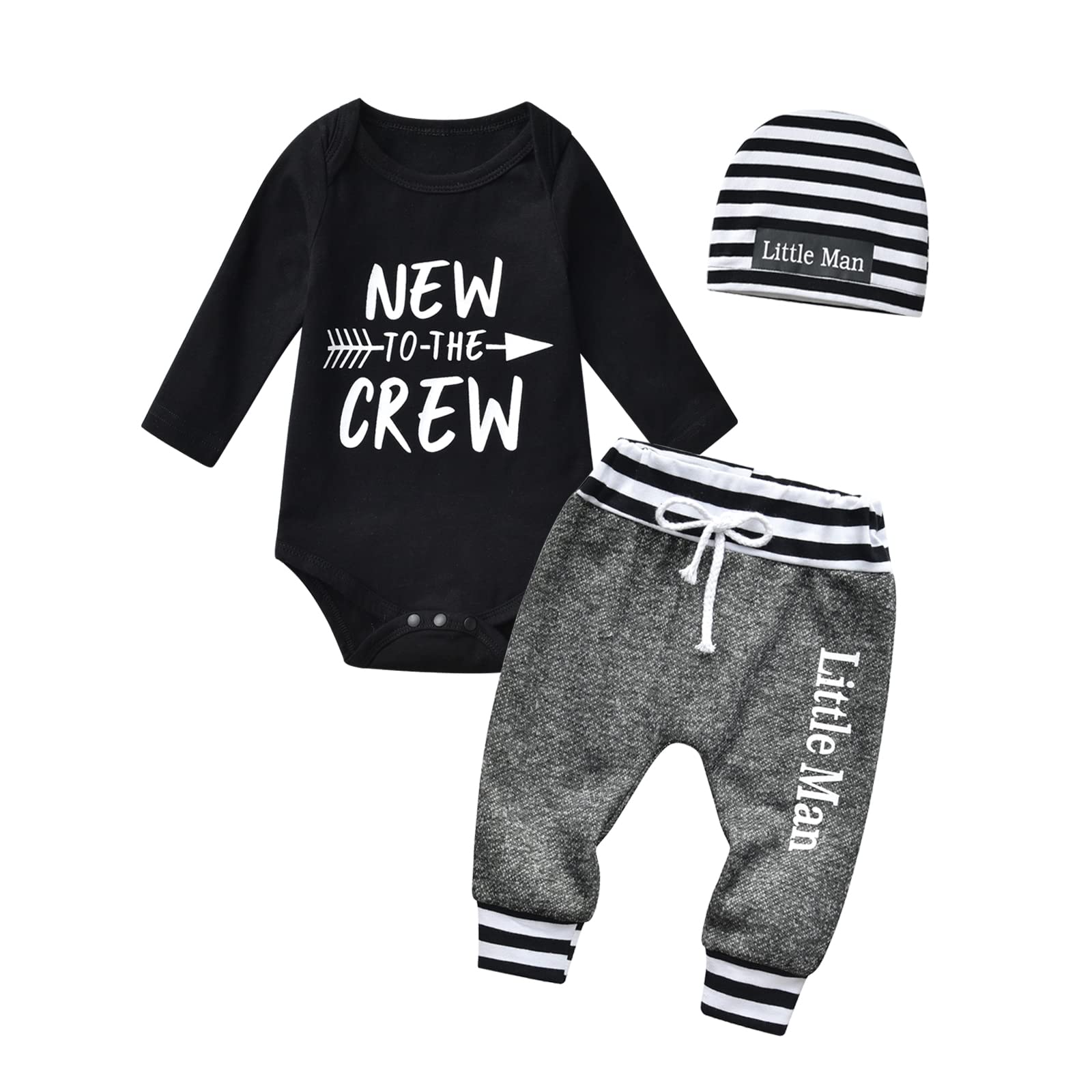 Kulcerry Infant Baby Boy Clothes New to The Crew Letter Print Long Sleeve Romper + Pants + Hat 3PCS Outfits Set（Black, 0-3 Months