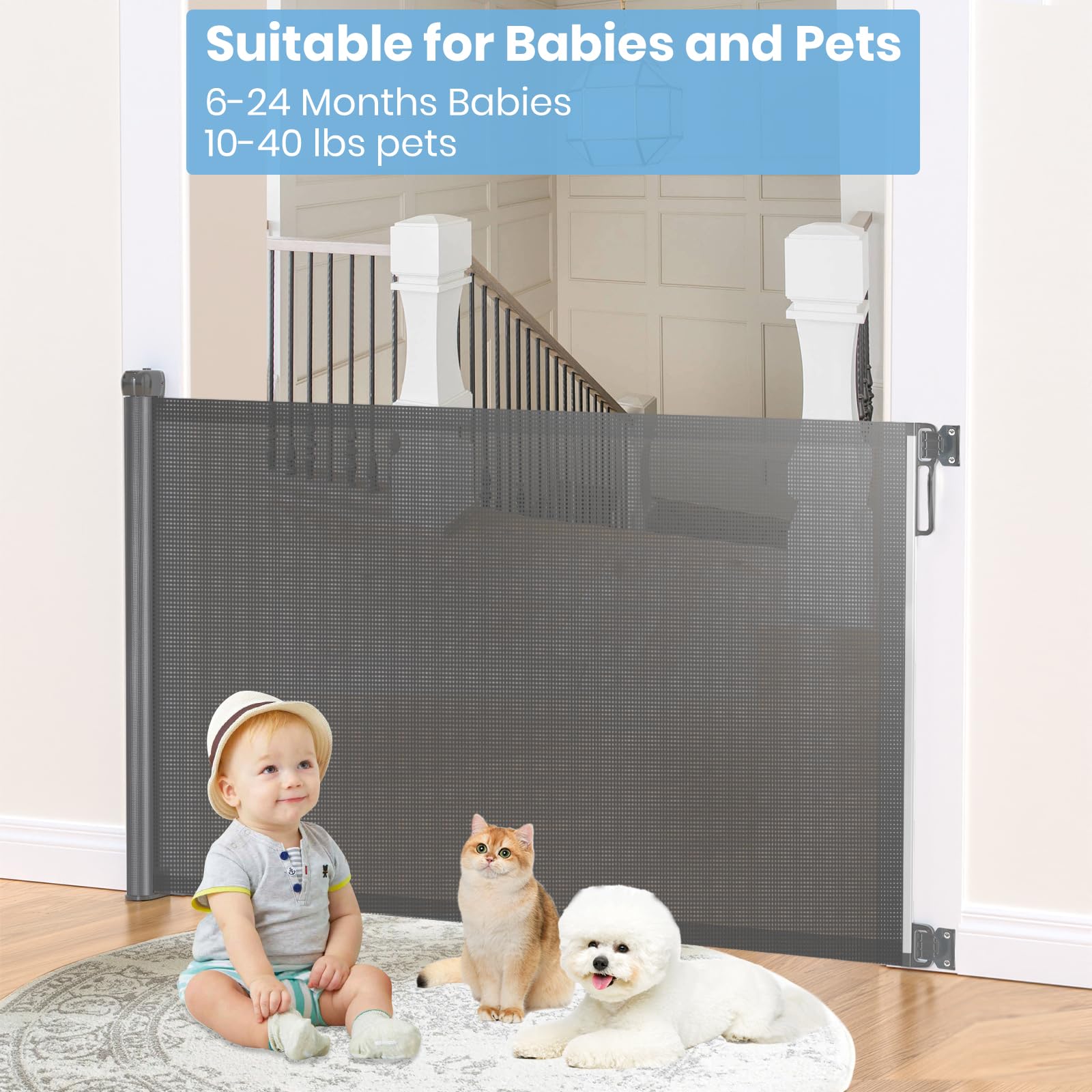 HAMOPY Retractable Baby Gate, 33" Tall, Extends up to 72" Baby Gates Extra Wide, Mesh Gates for Kids or Pets with Alarm, Durable Child Safety Gate for Doorways, Stairs, Hallways, Indoor/Outdoor (Grey)