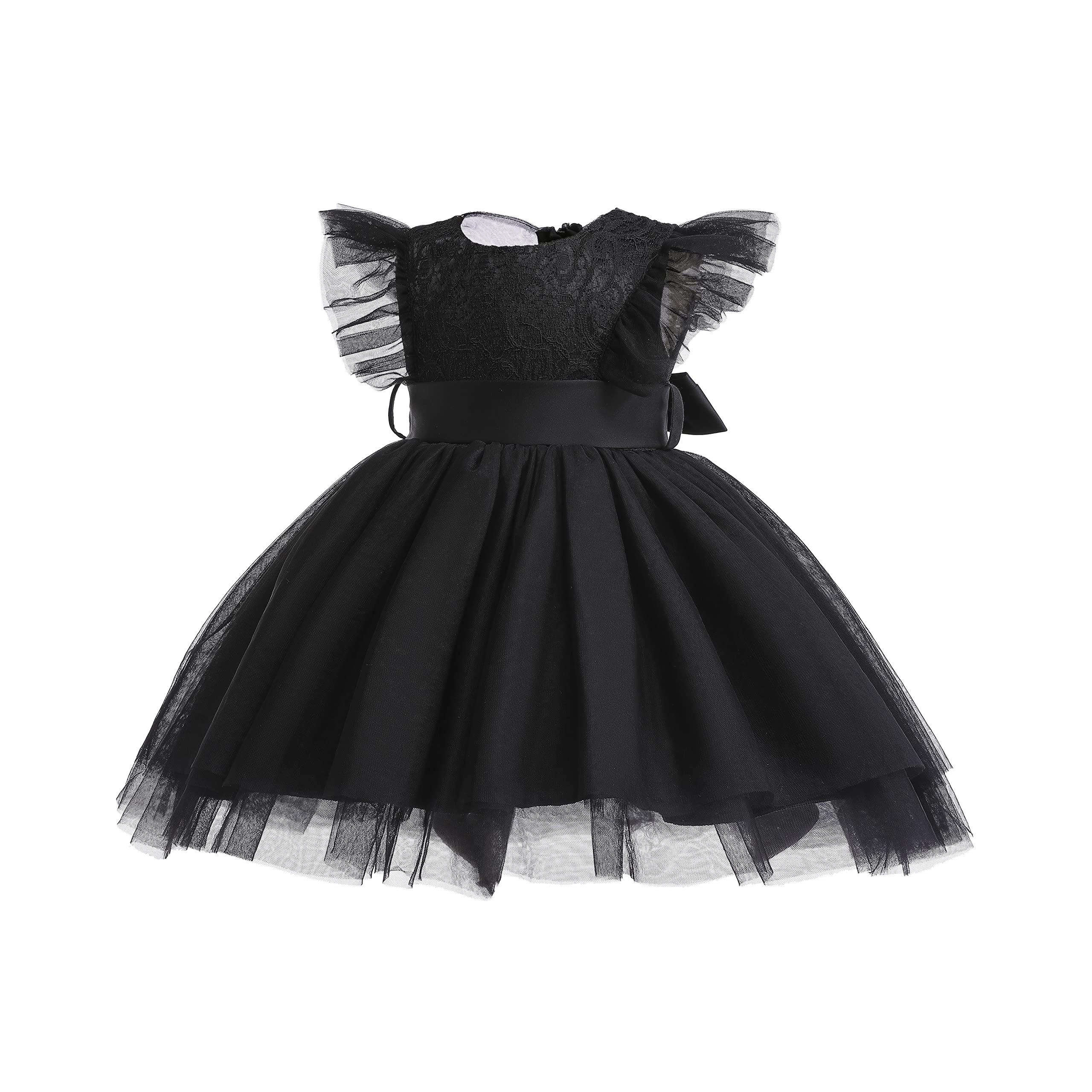 Weileenice Black Flower Baby Girl Tulle Dress 6M/ 6-12 Flutter Sleeve Sheer Back Newborn Girls 1st Birthday Party Wedding Outfit Lace Bow Headband Toddler Photo Shoot Formal Tutu Dresses Christmas