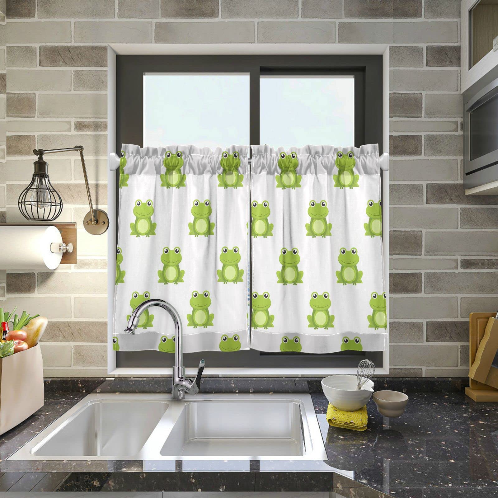 DOMIKING Cute Frog Kitchen Curtains 36 inch Length Rod Pocket Window Treatment Tier Pair for Bedroom Kids Child Baby Nursery Room, 2 Panels (27 W x 36 L)