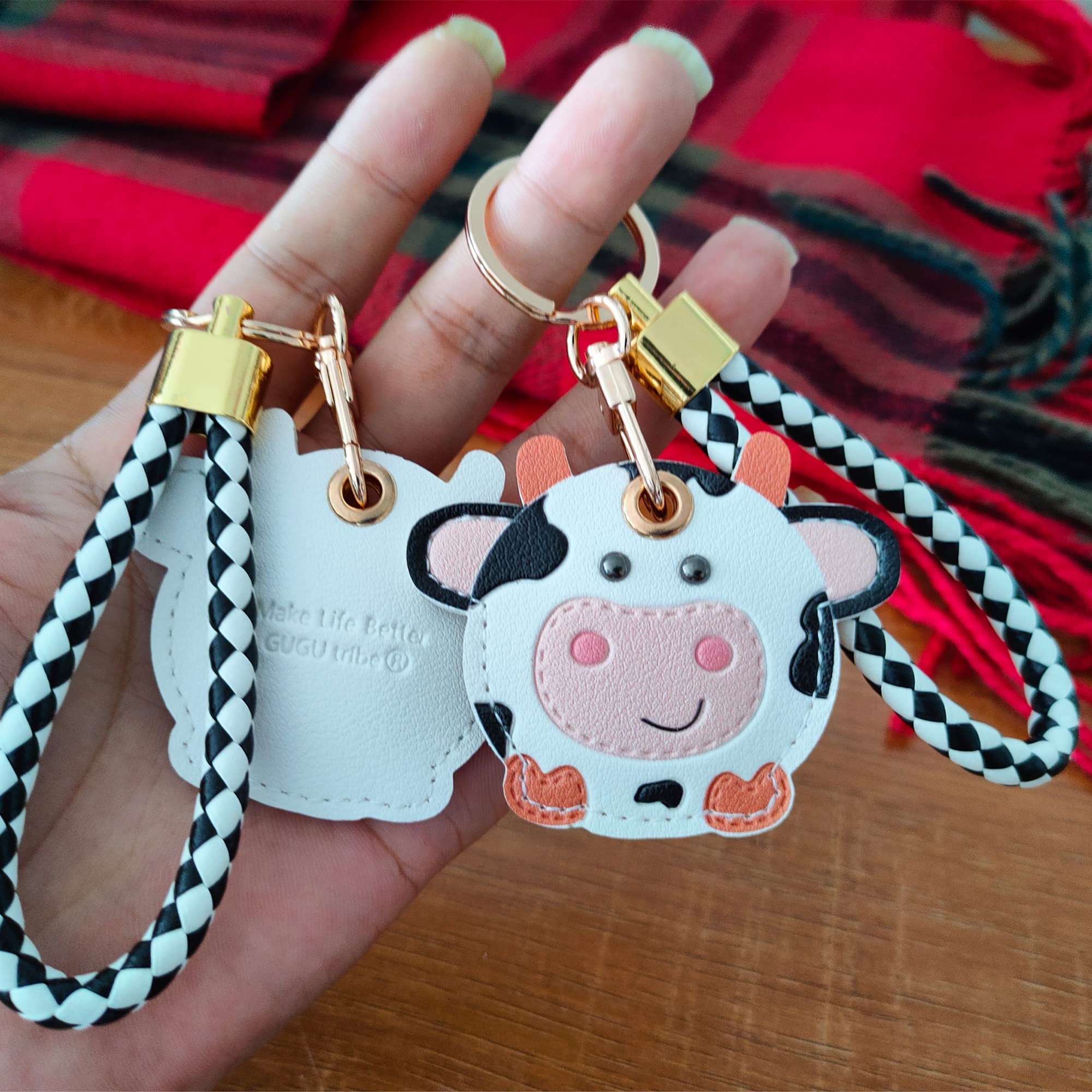 CATCH ON 2 Pack Leather Airtag Keychain Case Holder, Cute Kawaii Accessories Suitable for Airtag (White Cow)