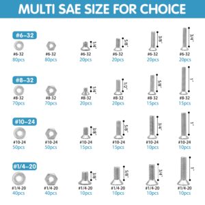 720Pcs Nuts and Bolts Assortment Kit, Machine Screws,SATANTECH #6-32#8-32#10-24#1/4-20 Stainless Steel Screws Set, Phillips Flat Head 16 SAE Sizes Assorted Nuts Bolts Washers with Labeled Case