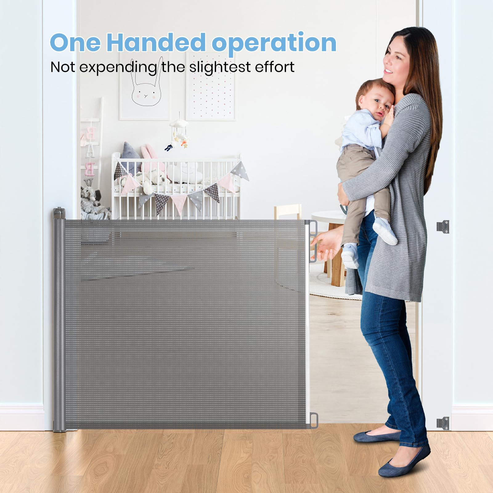 HAMOPY Retractable Baby Gate, 33" Tall, Extends up to 72" Baby Gates Extra Wide, Mesh Gates for Kids or Pets with Alarm, Durable Child Safety Gate for Doorways, Stairs, Hallways, Indoor/Outdoor (Grey)