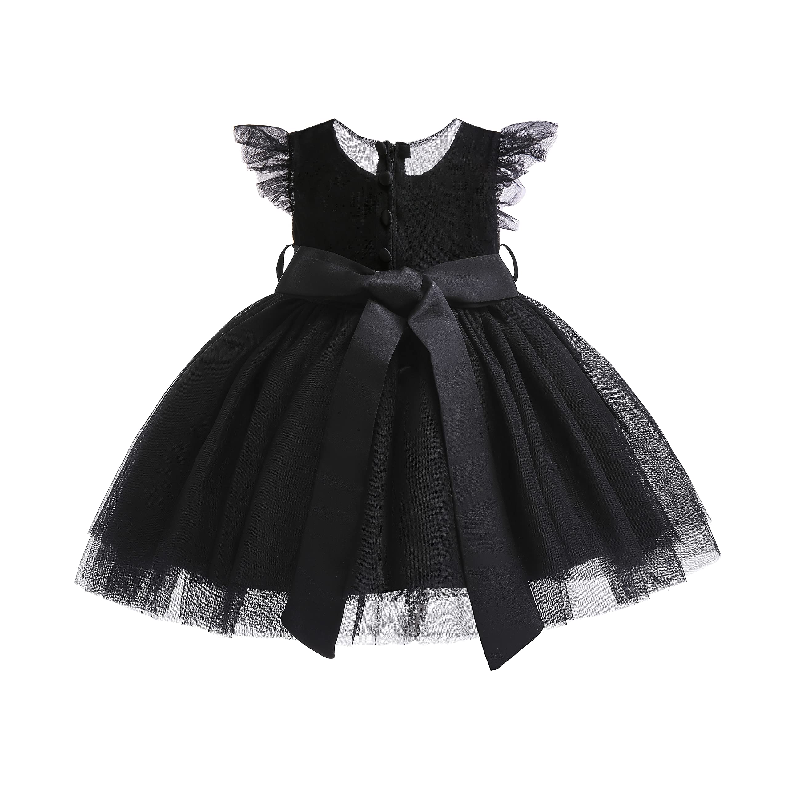 Weileenice Black Flower Baby Girl Tulle Dress 6M/ 6-12 Flutter Sleeve Sheer Back Newborn Girls 1st Birthday Party Wedding Outfit Lace Bow Headband Toddler Photo Shoot Formal Tutu Dresses Christmas