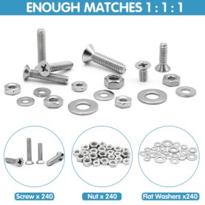 720Pcs Nuts and Bolts Assortment Kit, Machine Screws,SATANTECH #6-32#8-32#10-24#1/4-20 Stainless Steel Screws Set, Phillips Flat Head 16 SAE Sizes Assorted Nuts Bolts Washers with Labeled Case