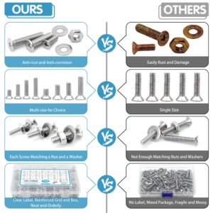 720Pcs Nuts and Bolts Assortment Kit, Machine Screws,SATANTECH #6-32#8-32#10-24#1/4-20 Stainless Steel Screws Set, Phillips Flat Head 16 SAE Sizes Assorted Nuts Bolts Washers with Labeled Case