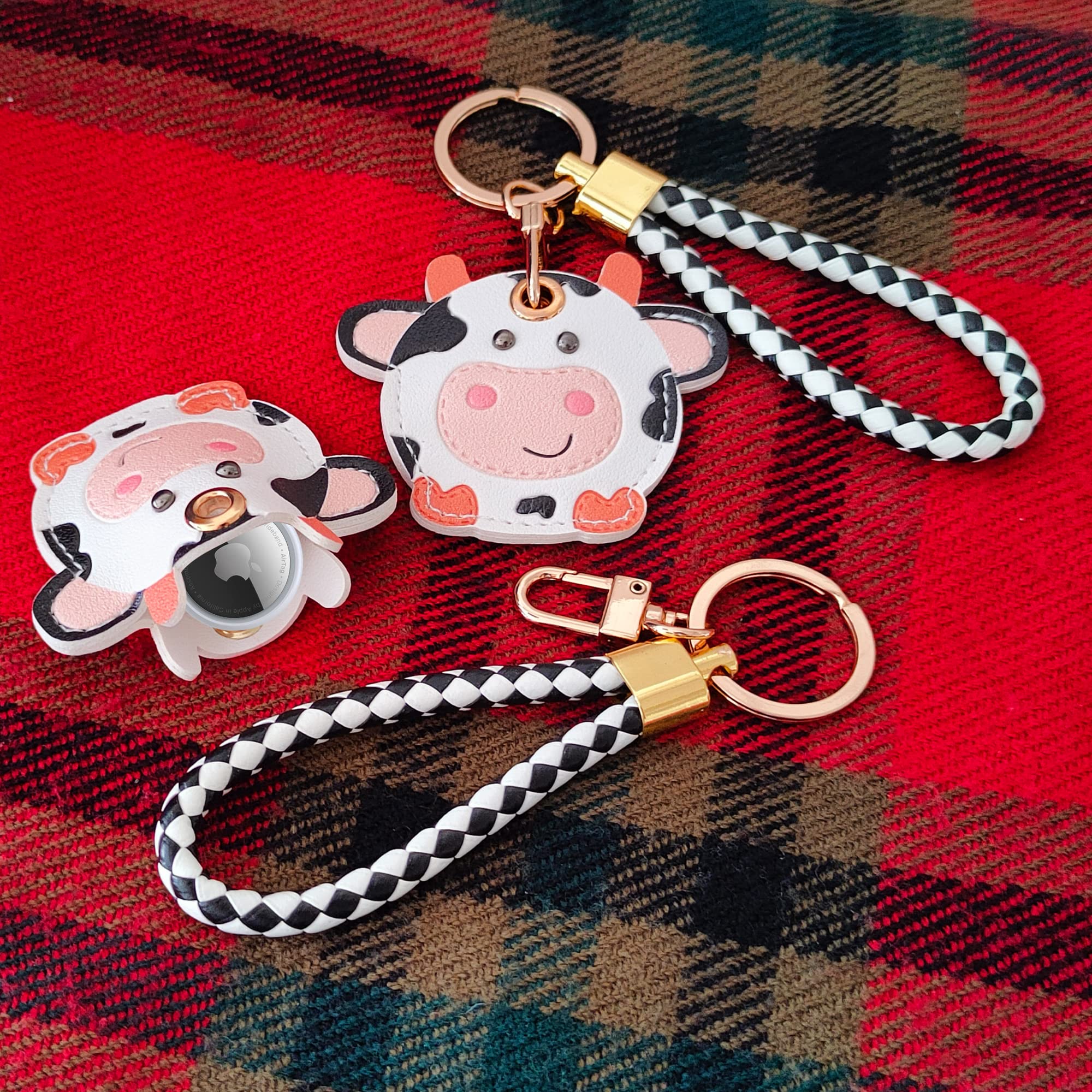 CATCH ON 2 Pack Leather Airtag Keychain Case Holder, Cute Kawaii Accessories Suitable for Airtag (White Cow)