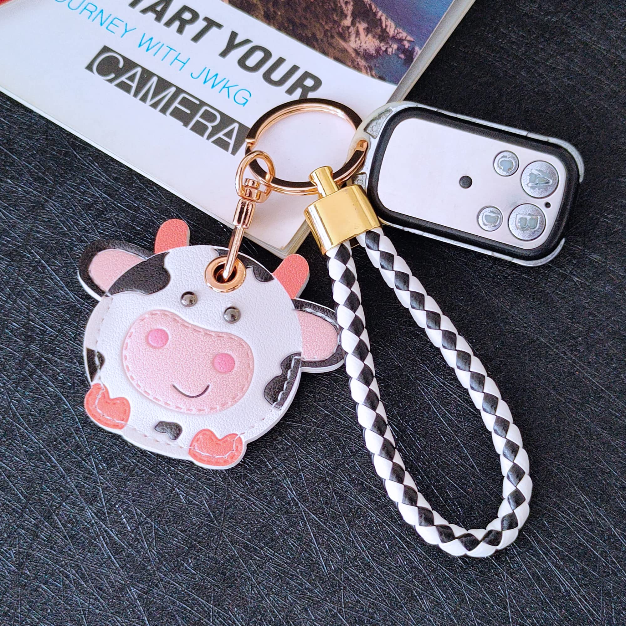 CATCH ON 2 Pack Leather Airtag Keychain Case Holder, Cute Kawaii Accessories Suitable for Airtag (White Cow)