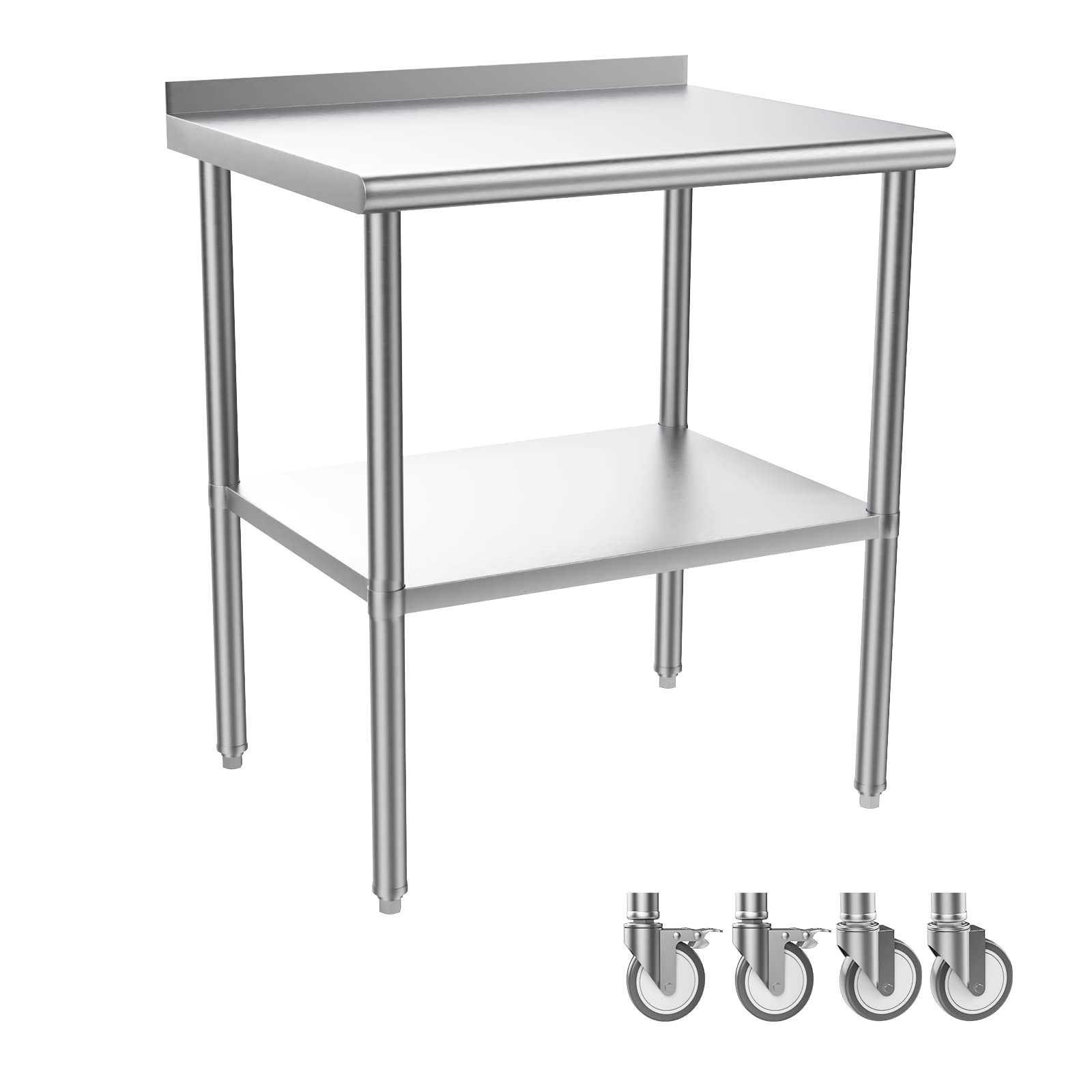 ROVSUN 30' x 24'' Stainless Steel Table for Prep & Work,Commercial Worktables & Workstations, NSF Heavy Duty Metal Table with Wheels & Backsplash for Kitchen, Restaurant,Home,Hotel