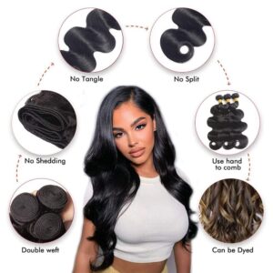 Mrladgo 26 28 30 Inch Human Hair Bundles Body Wave 3 Bundles 100% Unprocessed Brazilian Hair Weave Bundles Body Wave Human Hair Bundles Natural Black Color 300G