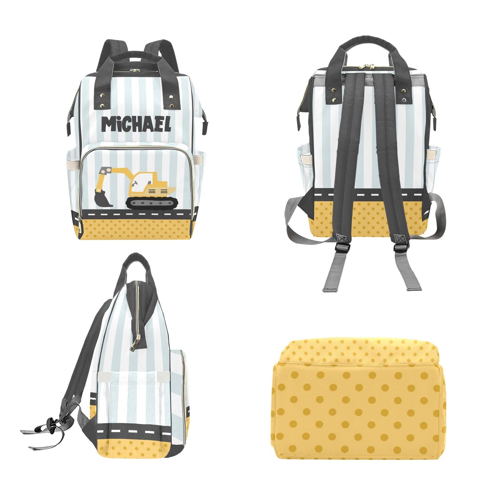 Personalized Diaper Bag Backpack Tote,Construction Machinery Dots,Custom Diaper Bags for Shower Gift