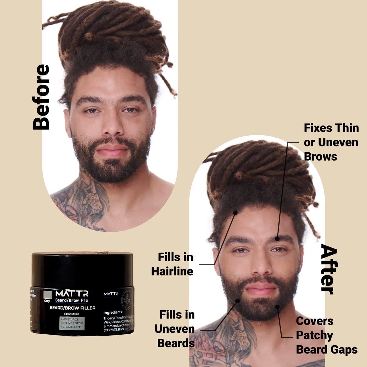 MATTR Beard/Brow Fix - Cosmetic Solutions for Men - Hair Filler and Growth Promoting Dye for Patchy Beards, Grey Hair Coverage, Hairlines & Eyebrows - Vegan Makeup - Travel-Size Jar - 15g (Brown)