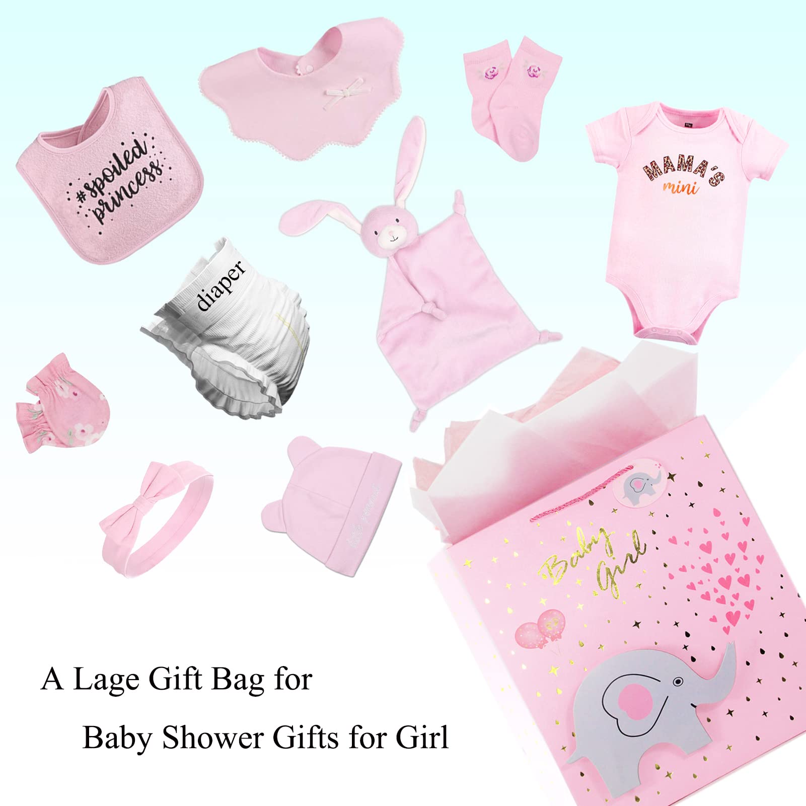 CUTERUI GIFTED 16.5" Extra Large Girl Gift Bags with 3D Elephant Patch for Baby Shower with Tissue Paper and Greeting Card (Pink Baby Girl)