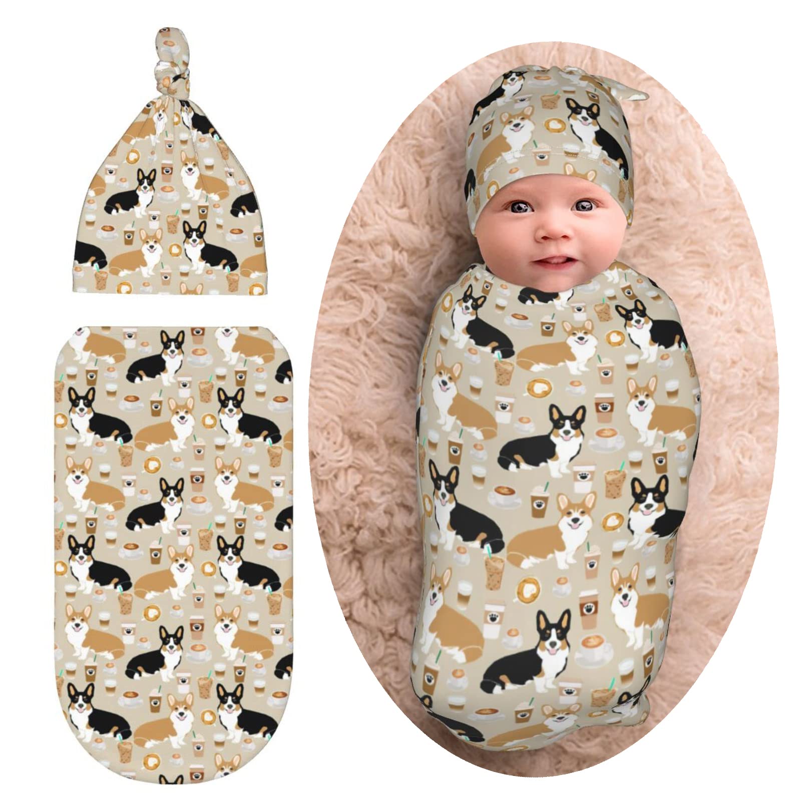 Corgi Newborn Swaddle Blanket with Hat Set Baby Stuff Receiving Blankets Soft Transition Sleep Sacks Gifts for Infant Boys Girls