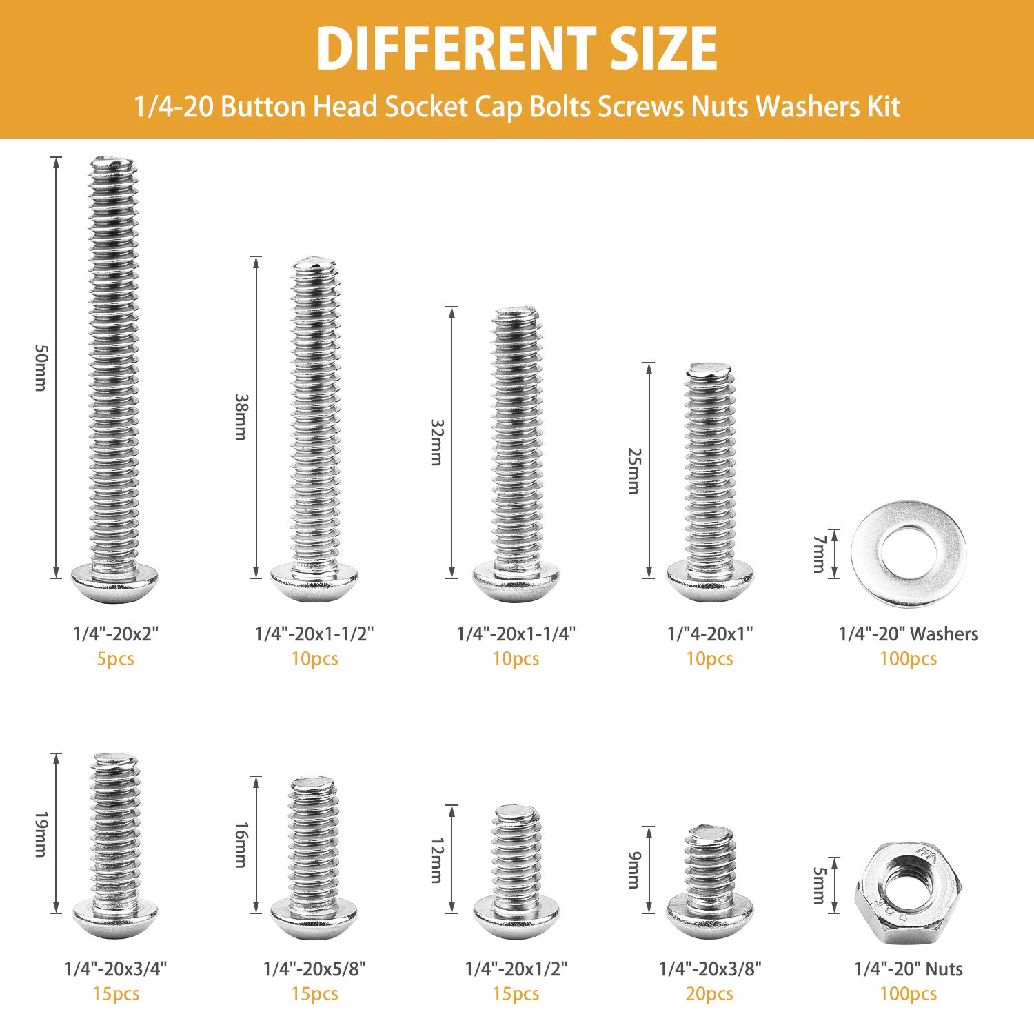 1/4-20 Hex Head Cap Screws, VIGRUE 304 Stainless Steel UNC Hexagon Bolts Flat Washers Nuts Assortment