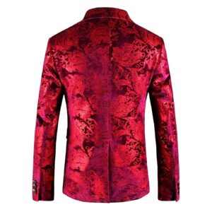 Men Luxury Floral Dress Suit Velvet Stylish Wedding Blazer Jacket 2 Button Jacquard Party Prom Sport Coat Tuxedo (Red,XX-Large)