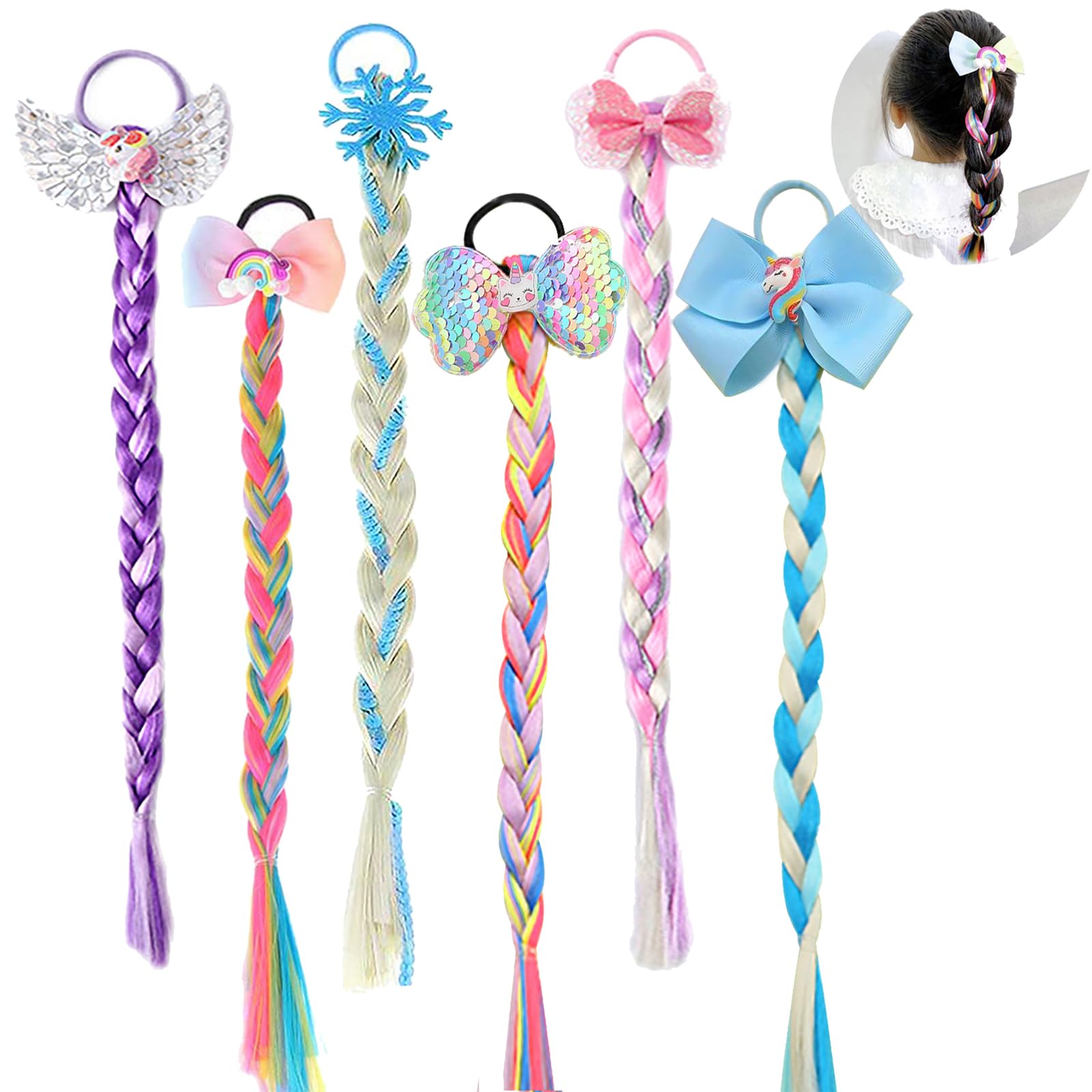 6Pcs Girls Colored Braids Hair Extensions with Rubber Bands, Rainbow Braided Hairpieces Hair Bows Wig Ponytails Kids Favor DIY Hair Accessories for Girls Gift Birthday Party Cosplay Daily Dress Up