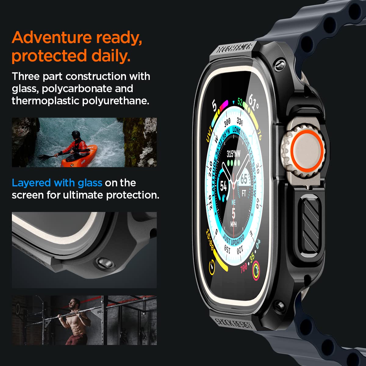 Spigen Tough Armor Designed for Apple Watch Ultra 2/Ultra Case 49mm Durable Full Coverage Apple Watch Ultra Case with Built-in Touch Sensitive Tempered Glass Screen Protector - Black