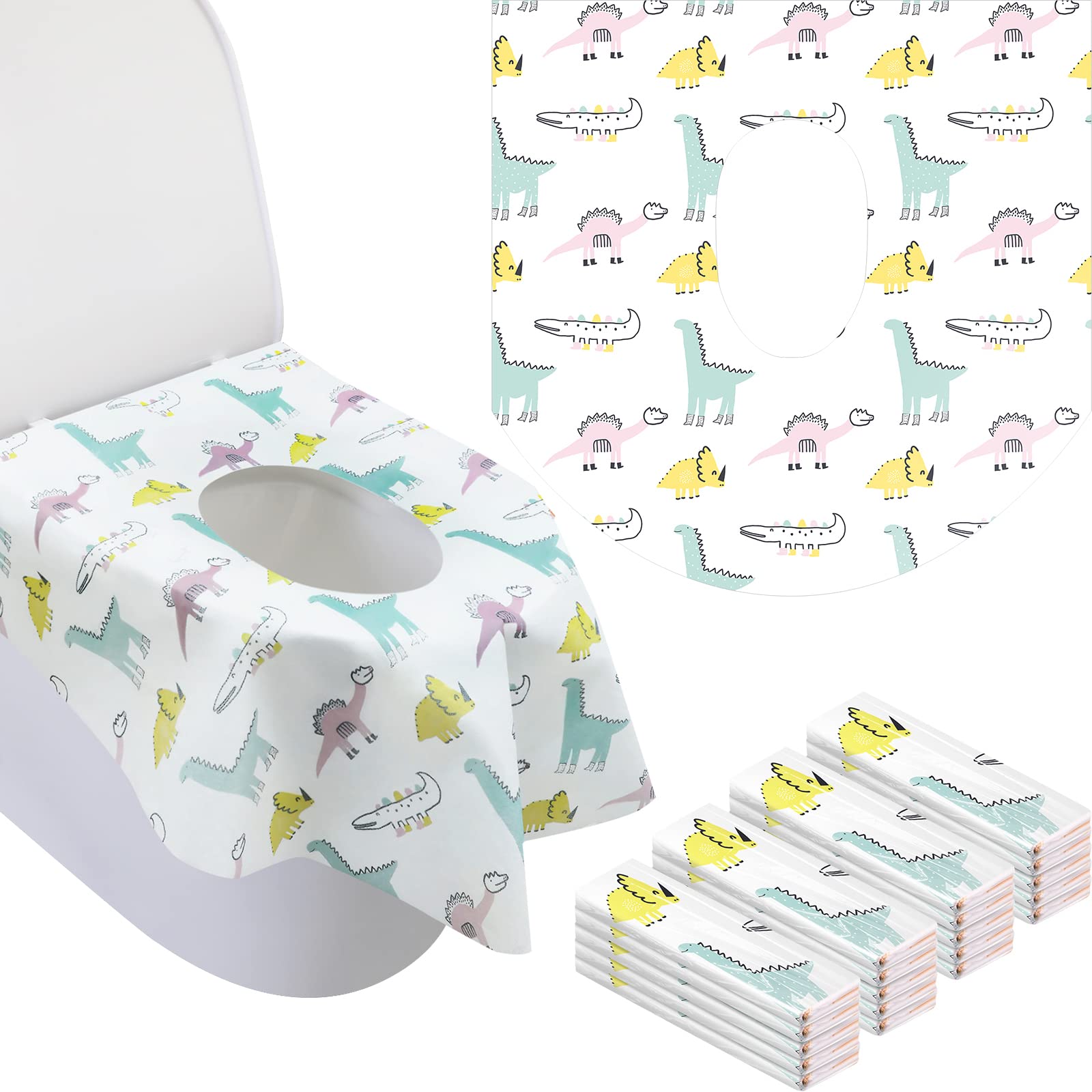 50 Pack Extra Large Toilet Seat Covers Disposable Waterproof Toddler Toilet Covers, Individually Wrapped Portable, Ideal for Kids and Adults, Potty Training in Restrooms (Delicate Dinosaur)