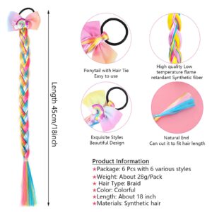 6Pcs Girls Colored Braids Hair Extensions with Rubber Bands, Rainbow Braided Hairpieces Hair Bows Wig Ponytails Kids Favor DIY Hair Accessories for Girls Gift Birthday Party Cosplay Daily Dress Up