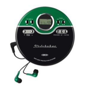 studebaker green retro portable cd player | cd-r/rw mp3 playback | programmable personal cd player | anti-skip | fm radio | mega bass boost | sport earbuds (vintage green)