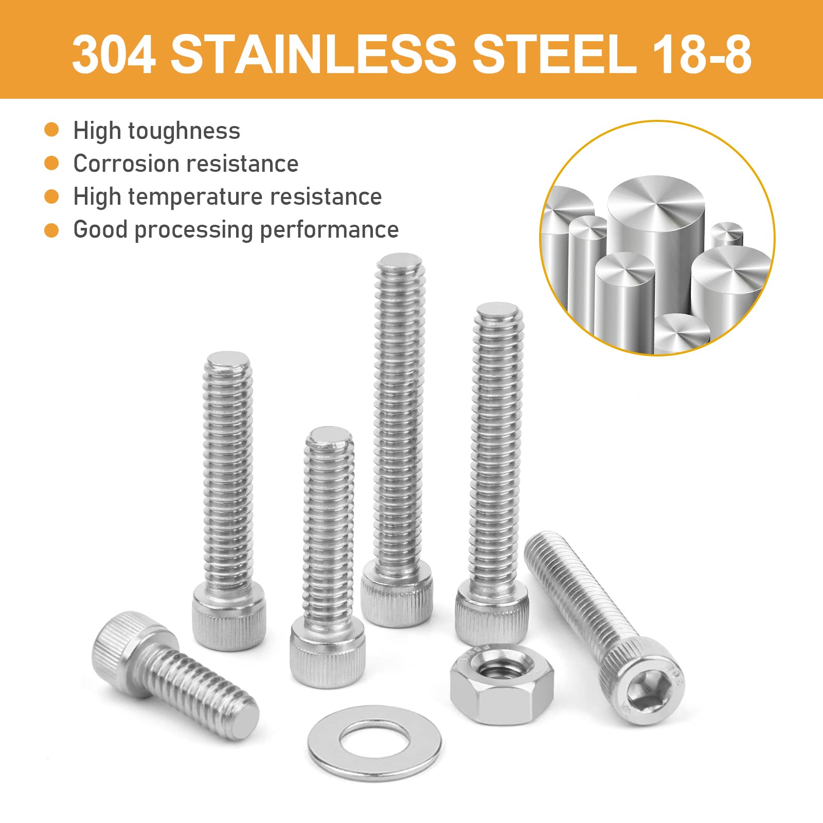 1/4-20 Hex Head Cap Screws, VIGRUE 304 Stainless Steel UNC Hexagon Bolts Flat Washers Nuts Assortment