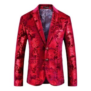 Men Luxury Floral Dress Suit Velvet Stylish Wedding Blazer Jacket 2 Button Jacquard Party Prom Sport Coat Tuxedo (Red,XX-Large)