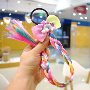 6Pcs Girls Colored Braids Hair Extensions with Rubber Bands, Rainbow Braided Hairpieces Hair Bows Wig Ponytails Kids Favor DIY Hair Accessories for Girls Gift Birthday Party Cosplay Daily Dress Up