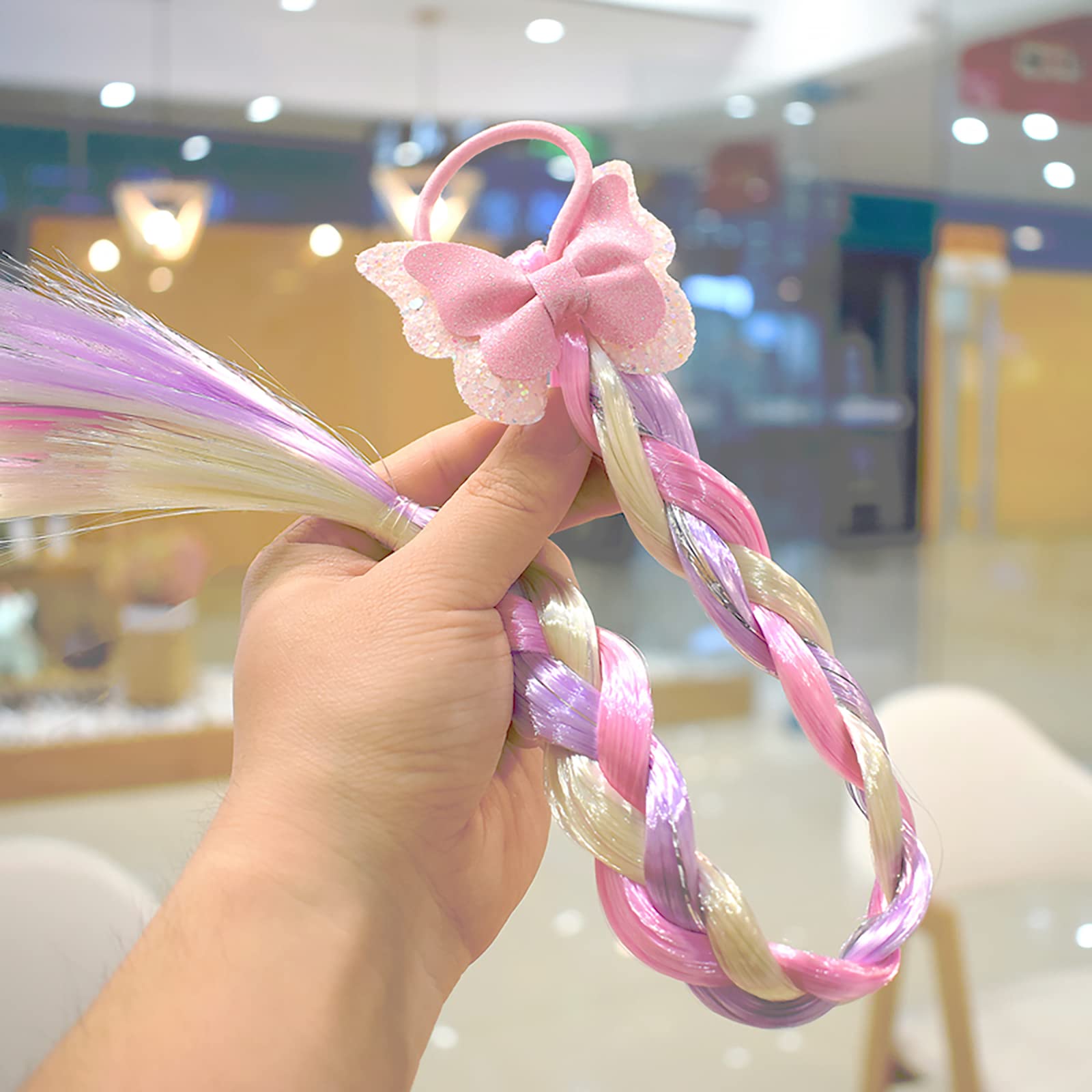 6Pcs Girls Colored Braids Hair Extensions with Rubber Bands, Rainbow Braided Hairpieces Hair Bows Wig Ponytails Kids Favor DIY Hair Accessories for Girls Gift Birthday Party Cosplay Daily Dress Up